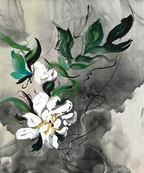 Blossom in the Rain, sumi watercolor